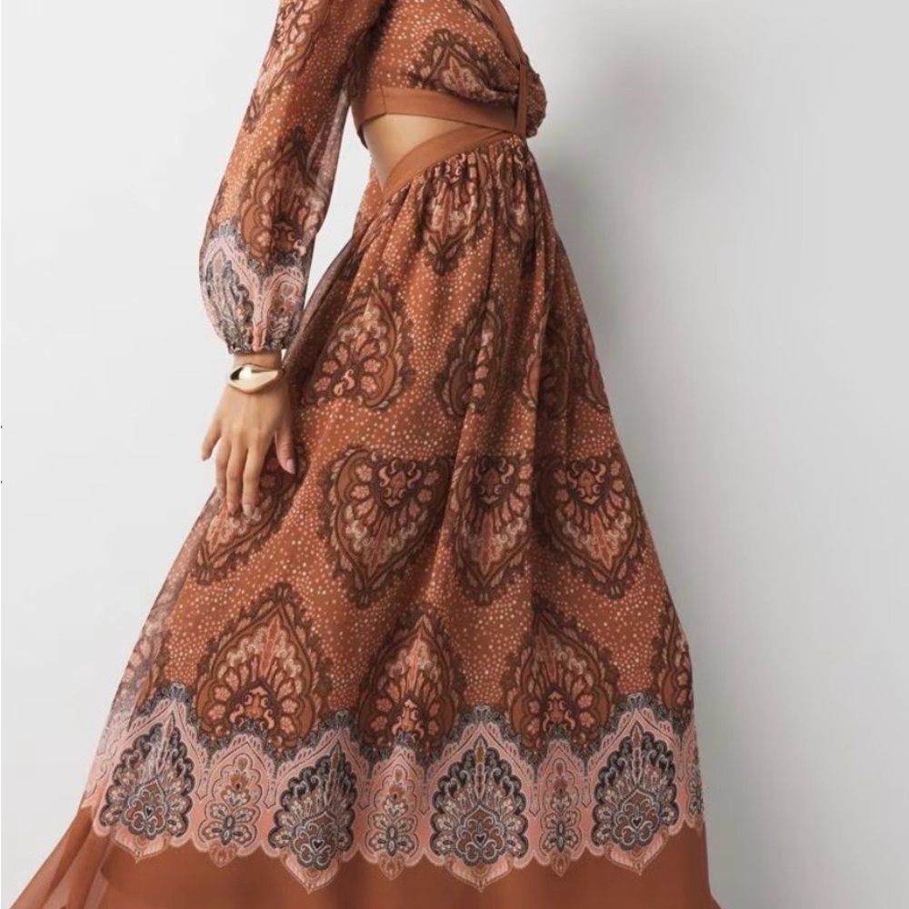 White House Black Market Brown Printed Maxi Dress with Cutout Waist - Picture 2 of 5